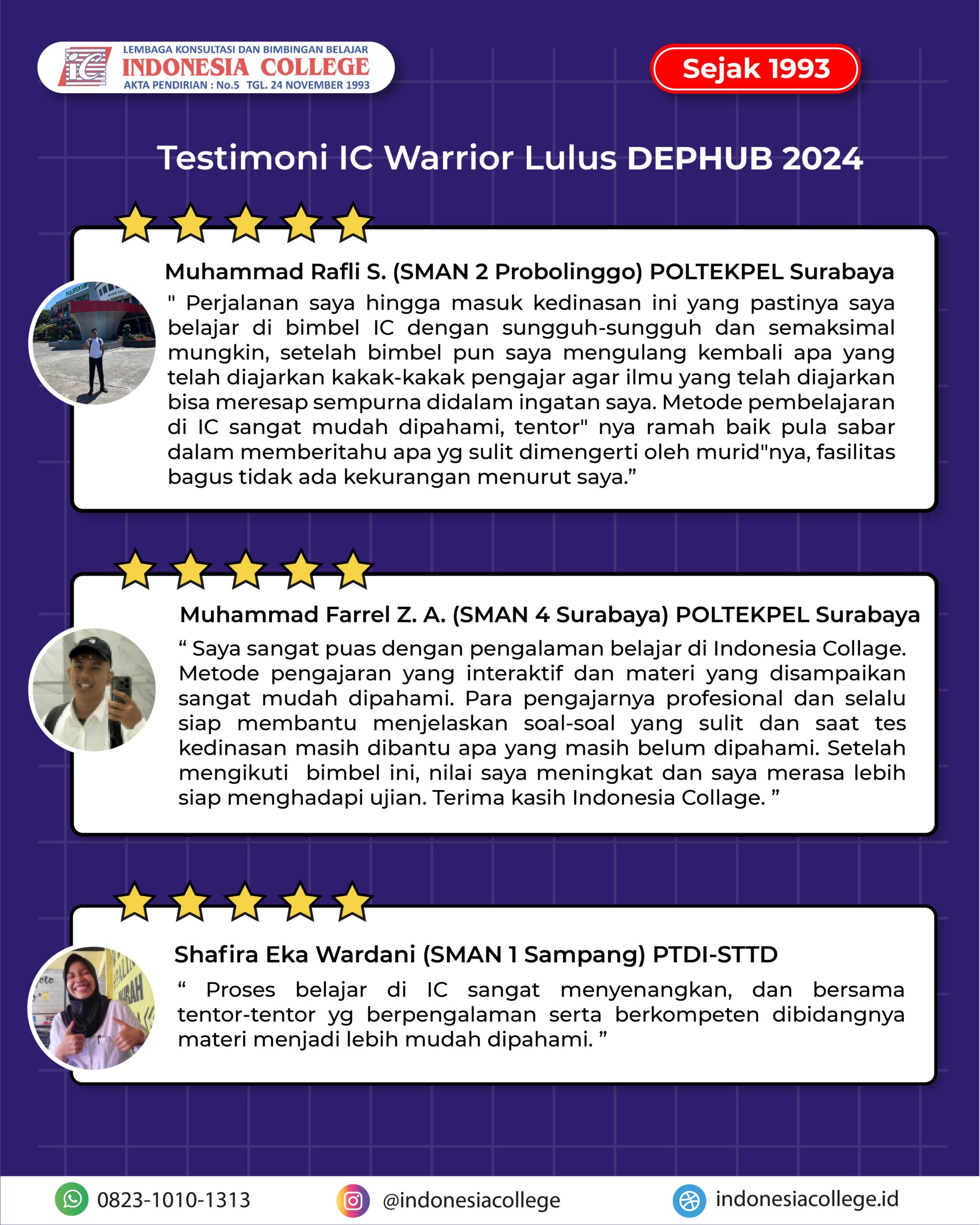 Testimoni Bimbel DEPHUB STTD, STPI, STIP, ATKP, PKTJ 2027 Terbaik No 1 di Indonesia by Indonesia College